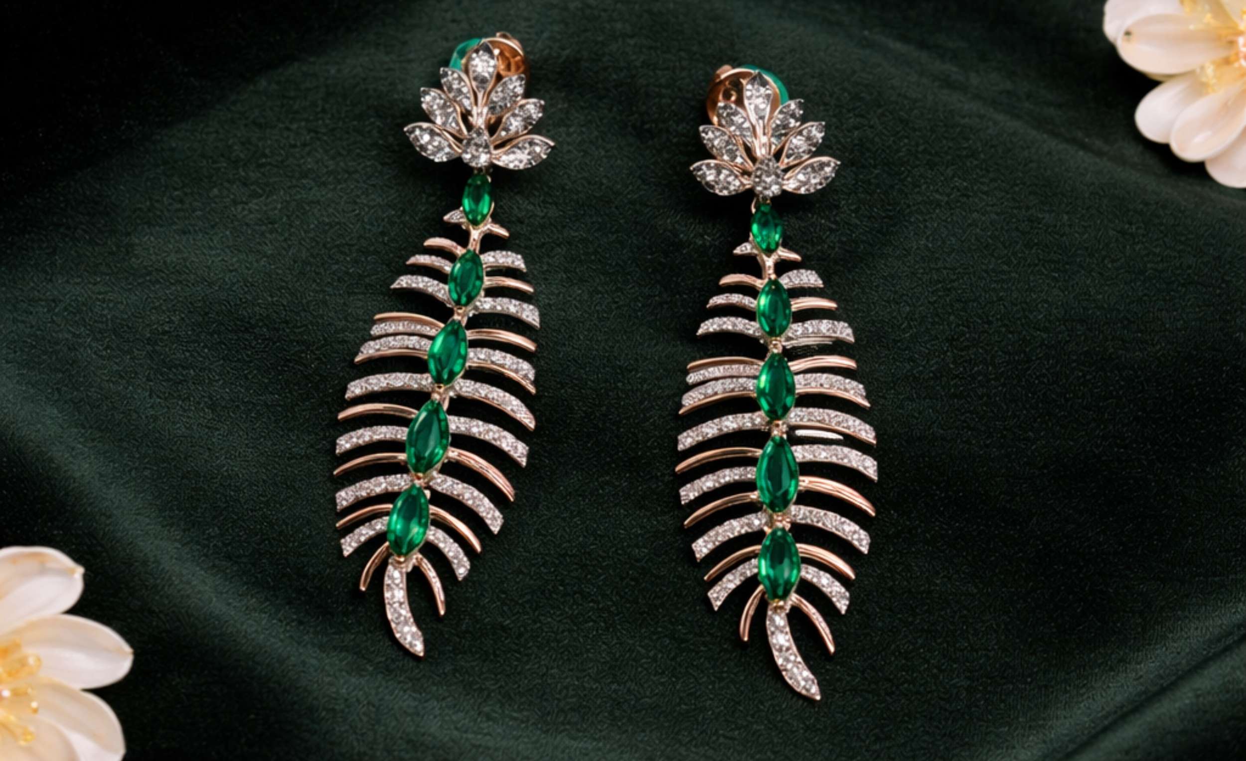 Ethereal Diamond Feather Marquise Emerald Drop Earrings
